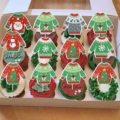 Rsstarxi 36 Pack Ugly Sweater Cupcake Toppers Deer Santa Claus Christmas Cupcake Picks Decoration Ugly Sweater Party Cake Decorations for Merry Christmas Xmas Party Decorations