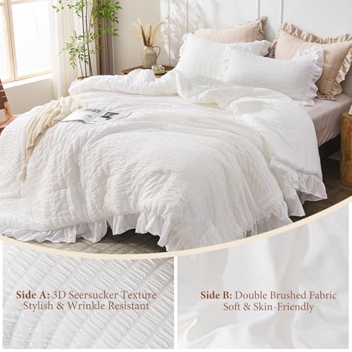 JOLLYVOGUE White Full Size 3-Piece Seersucker Comforter Set - All Season Lightweight Bedding