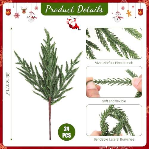 24Pcs Norfolk Pine Stems Real Touch 15" Artificial Christmas Branches
