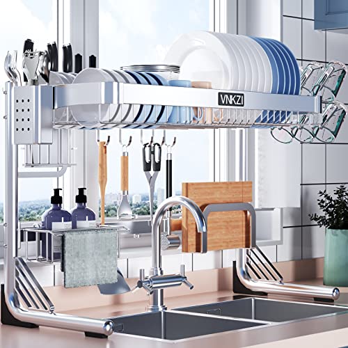 Silver 2-Tier Over Sink Dish Drying Rack - Adjustable Stainless Steel Kitchen Organizer