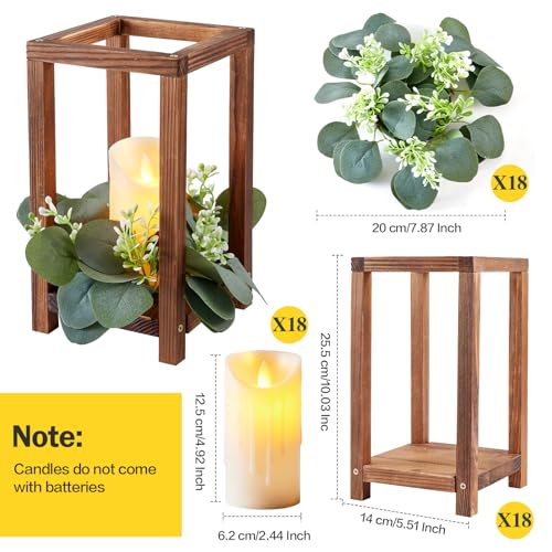Dark Brown 18-Piece Wooden Wedding Lantern Centerpiece Set with Flameless LED Candles & Eucalyptus Wreaths - Rustic Farmhouse Decor