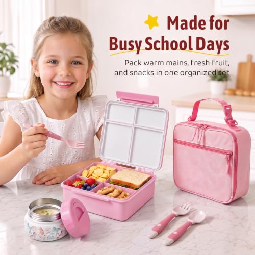 Kids Bento Lunch Box Set with Thermo Food Container & Utensils - White-Horse