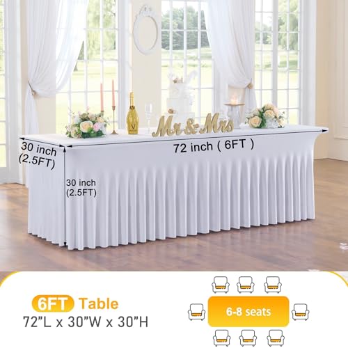 CO-AVE 6-Pack White 6FT Spandex Table Skirts for Rectangle Tables Wedding Party