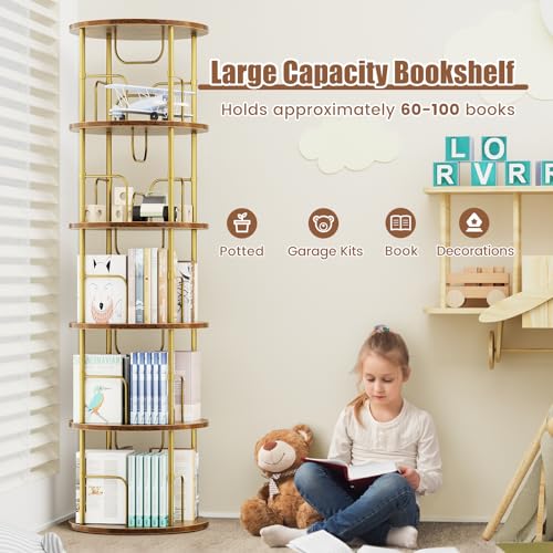 Round 5-Tier Rotating Bookshelf - Gold, Narrow Space-Saving Spinning Bookcase