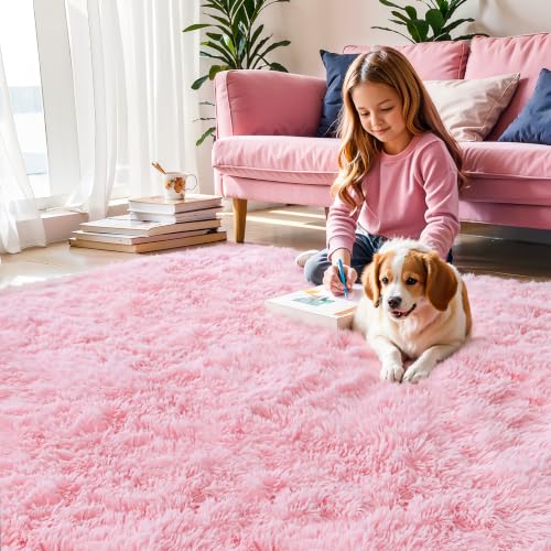 Pink Fluffy 9x12 Area Rug for Bedroom & Living Room - Soft Washable Shag