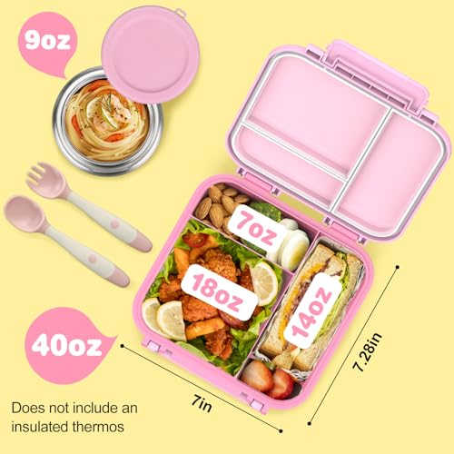 Kids Bento Lunch Box with Thermo Jar - Pink, Leak-Proof 3-Compartment Kids Lunch Container