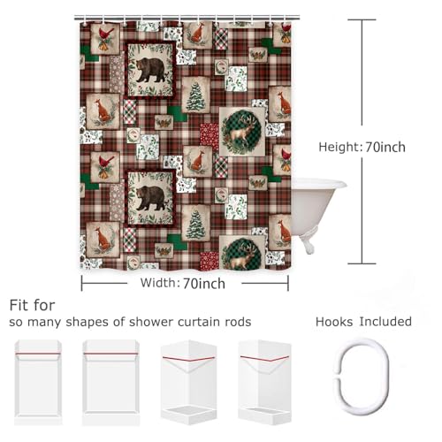 Wathon Christmas Plaid Shower Curtain with Woodland Lodge Cabin Design, 70x70 inches