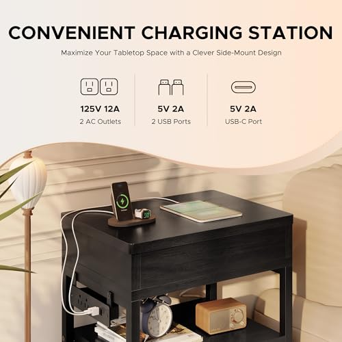 Black Nightstand with Lockable Hidden Compartment and 2 Drawers - Modern Bedside Table