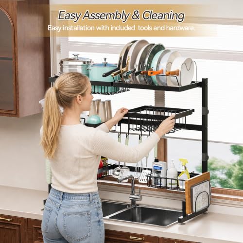 Black Over Sink Dish Drying Rack Expandable 32-40 Inch Kitchen Organizer