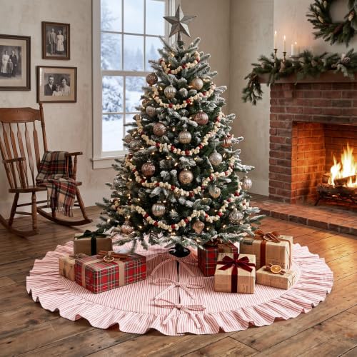 JOVIPOP Christmas Tree Skirt Large 72 Inch Red Pinstripe Ruffle - Farmhouse Holiday Decor