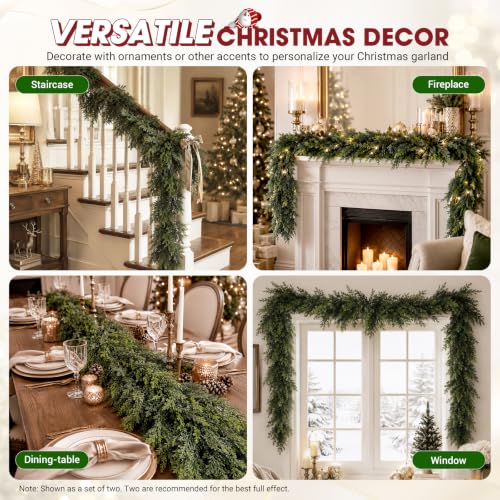 WQlittuK 2 Pack 9FT Artificial Christmas Garland, Dual Green Cedar & Pine for Indoor Outdoor Decor