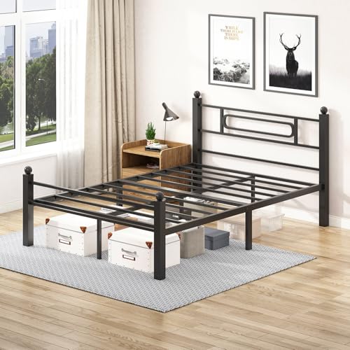 Gohapnis Full Size Black Metal Bed Frame with Headboard, Heavy-Duty Support, 12in Under Bed Storage, Easy Assembly