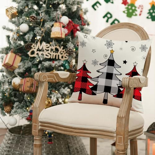 Christmas Pillow Covers 18x18 Inch Set of 4 Winter Red Xmas Trees Snowflake Decorative Cushions with Invisible Zipper, Double-Sided Print, Farmhouse Home Decor, White Red Black Variation
