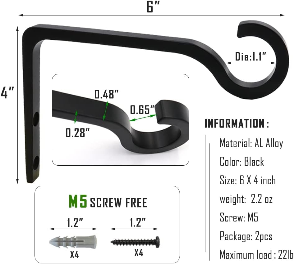 QIEGL Metal Hanging Plant Bracket - 6-Inch Decorative Shepherd's Hook for Indoor & Outdoor Use | 2 Pack (Black)