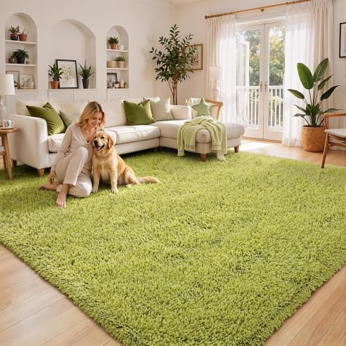 8x10 Green Shaggy Plush Area Rug - Large Furry Carpet for Living Room