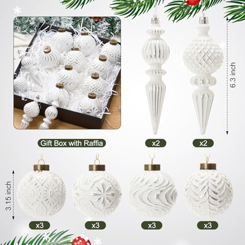 HyDren Silver Vintage Finial Christmas Ornaments, 16 Pcs Shatterproof Ball Set (12 Round 3.15in + 4 Pendant 6.3in)