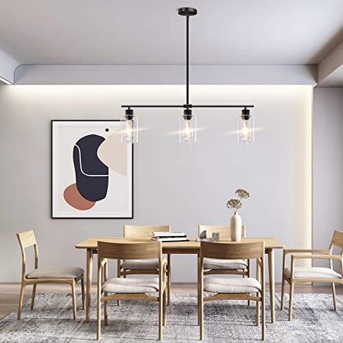 Black 3-Light Rectangular Kitchen Island Pendant Light with Glass Shades - Adjustable Height