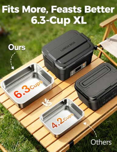 XL 1.5L Cordless Heated Lunch Box for Men - Black-Silver, 220°F