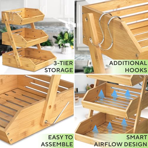 Bamboo 3-Tier Fruit Basket for Kitchen Countertop Storage - Natural & Spacious