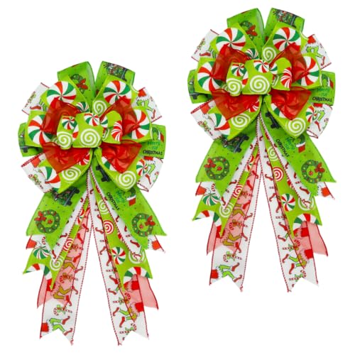 Montekin Large Green Candy Pattern Christmas Wreath Bows 20x11 Inches, Set of 2
