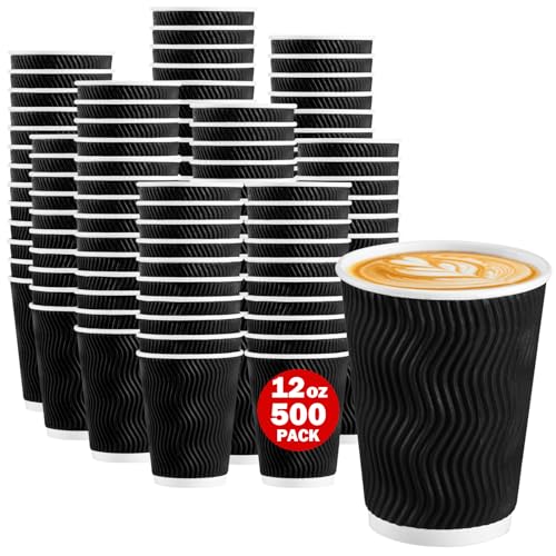 Black Disposable Coffee Cups 12 oz Pack of 500 - No Lids, Insulated Paper