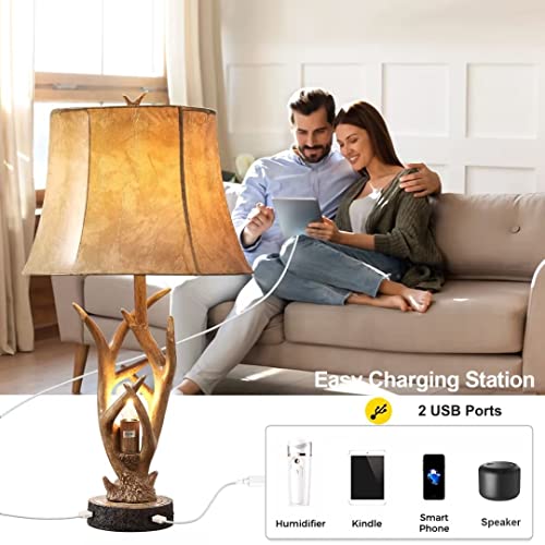 Dungoo 26" Rustic Antler Table Lamps Set of 2 with USB Ports - Vintage Brown