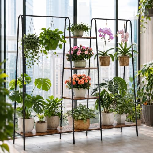 Black Clothes Rack with 6 Wooden Shelves & 2 Hanging Rods - Heavy Duty Freestanding Wardrobe