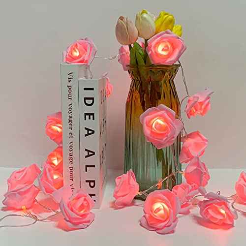 VIPMOON Rose Flower String Lights,2M 20LED Battery Operated Romantic String Lights Bright Warm Flower Rose Lamp Fairy Light for Valentine's Day Wedding Gardens Party Christmas Decoration (Pink)