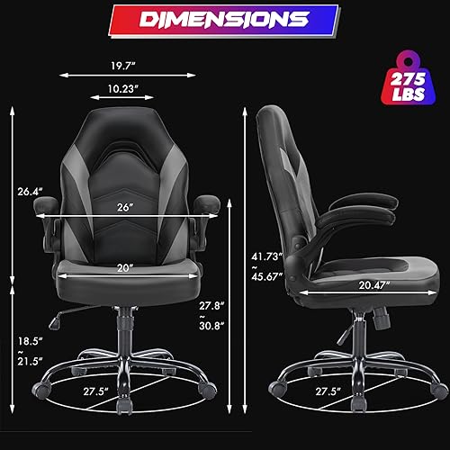 Sweetcrispy Grey Ergonomic Computer Gaming Desk Chair with Lumbar Support, Adjustable Height & Flip-up Armrests