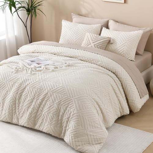 Andency King Size Beige Boho Comforter Set 3 Pieces - Reversible, Ultra Fluffy, 104x90"