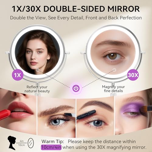 Auxmir Lighted Makeup Mirror 9-inch Chrome Tabletop with 1X/30X Magnification & Adjustable Height