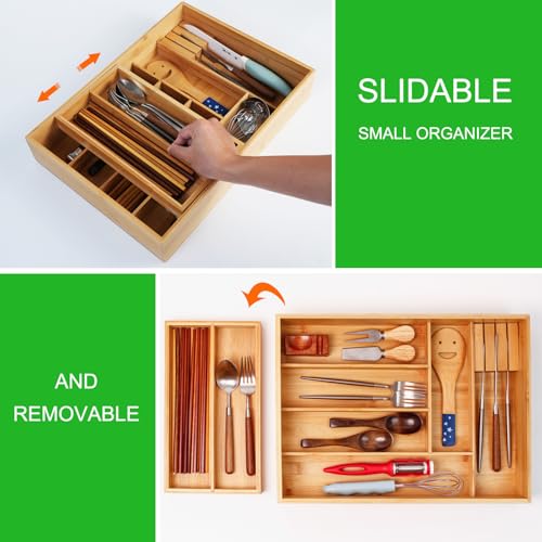 Two Tier Bamboo Kitchen Drawer Organizer - 16.85 x 12.2 in Silverware Tray with Removable Knife Block