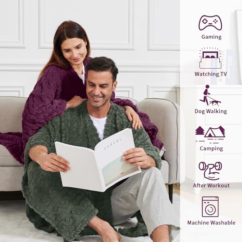 Mowkim Grape Wearable Sherpa Blanket Poncho with Pockets for Adults