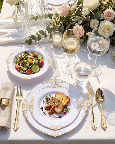 Nervure 700pcs Gold Plastic Dinnerware Set for 100 Guests - Disposable Plates & Utensils