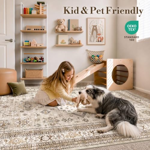 8x10 Beige Area Rug - Washable Traditional Vintage Carpet for Living Room