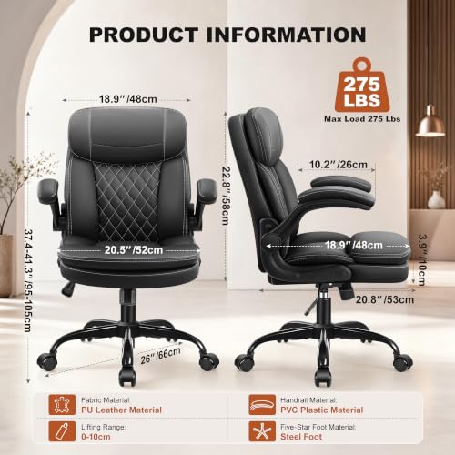 Leather Office Chair with Dual Back Support - Black, Adjustable & Swivel - Stella Mia