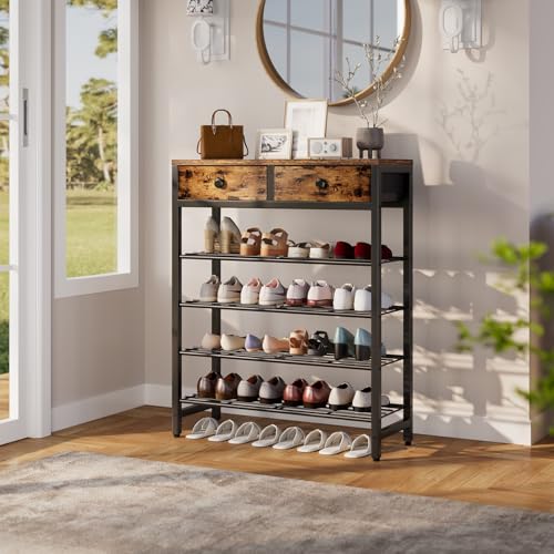 IBUYKE 5-Tier Shoe Rack with 2 Fabric Drawers - Rustic Brown, Fabric Variation