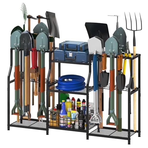XXL Garden Tool Organizer Rack - Heavy Duty 3-Tier Yard Storage Tower with Hooks