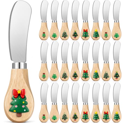 Christmas Cheese Spreader Set 24 Pcs Stainless Steel with Wooden Handles - Green, Red, Yellow