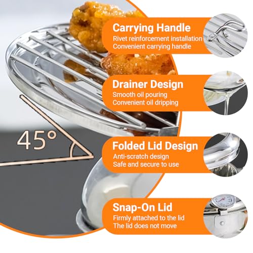 BEIYUANYA 4.2L Stainless Steel Deep Fryer Pot with Thermometer & Oil Drain Rack