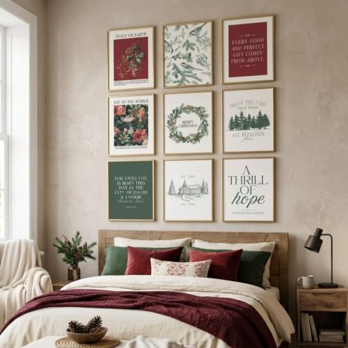 Beayum 9Pcs Vintage Christmas Wall Art 12x16 – Green & Red Bible Verses Unframed Prints
