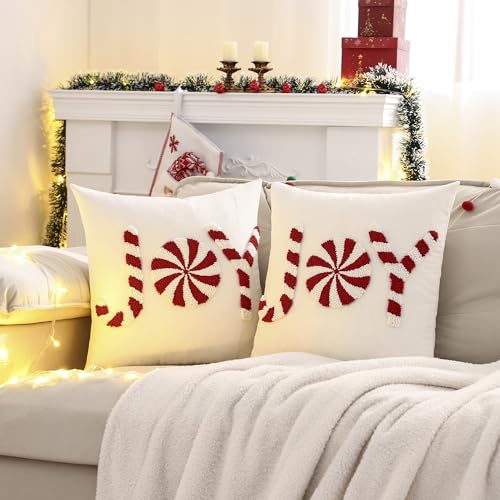 Tosleo Christmas Joy 18x18 Inch Set of 2 Red Xmas Throw Pillow Covers - Holiday Home Decor