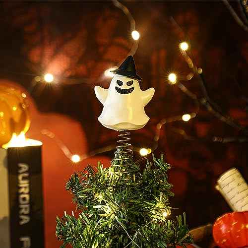 Queekay Christmas Ghost Tree Topper Small Ghost Ornaments 4 Inches Spooky Tree Topper Mini Miniature Christmas Treetop Decoration for Xmas Holiday Party Decor