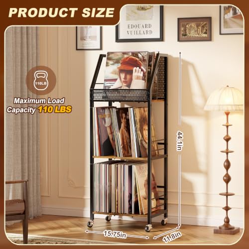 Vinyl Record Storage Holder for 300 Albums - 3-Tier Rolling Shelving Unit with Dividers