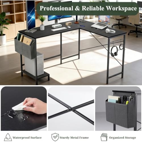 Reversible L Shaped Computer Desk with CPU Stand - Deep Black, 50 Inch