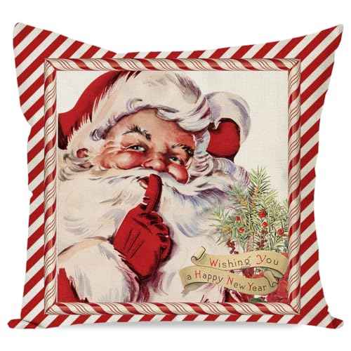 Christmas Pillow Covers 18x18 Inch Vintage Santa Claus Candy Cane Christmas Decorations Outdoor Retro Xmas Winter Holiday Decorative Throw Pillow Case for Home Sofa Couch Living Room Decor