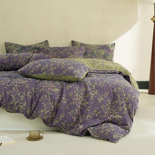 Queen Size Purple Floral Muslin Duvet Cover Set with Zipper & Corner Ties