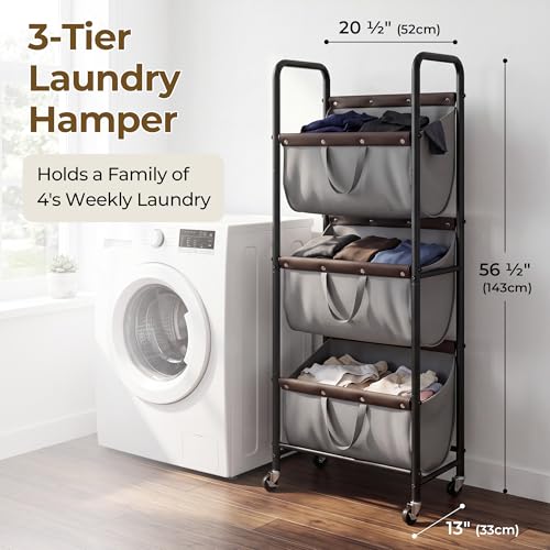 Grey 3-Tier Laundry Sorter Cart with Wheels - Narrow Hamper for Small Spaces
