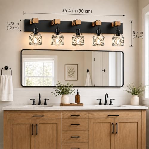 Vivihobb Farmhouse Bathroom Light Fixtures 5-Light Black Wood Vanity Over Mirror