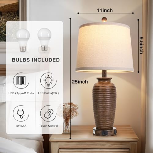 CINSARY 25-Inch Walnut Brown Farmhouse Jar Table Lamps Set of 2 with Touch Control & USB Ports